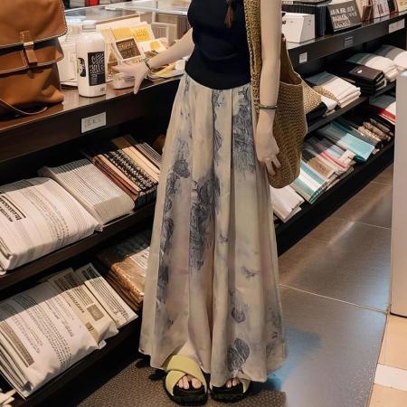 BY13755# 冰丝水墨阔腿裤裙子女夏季薄款显瘦垂感大码休闲直筒九分半身裙裤  服裝批發女裝批發服飾貨源