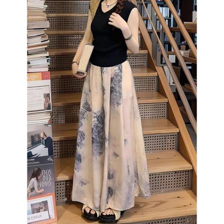 BY13755# 冰丝水墨阔腿裤裙子女夏季薄款显瘦垂感大码休闲直筒九分半身裙裤  服裝批發女裝批發服飾貨源