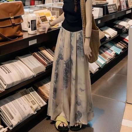 BY13755# 冰丝水墨阔腿裤裙子女夏季薄款显瘦垂感大码休闲直筒九分半身裙裤  服裝批發女裝批發服飾貨源