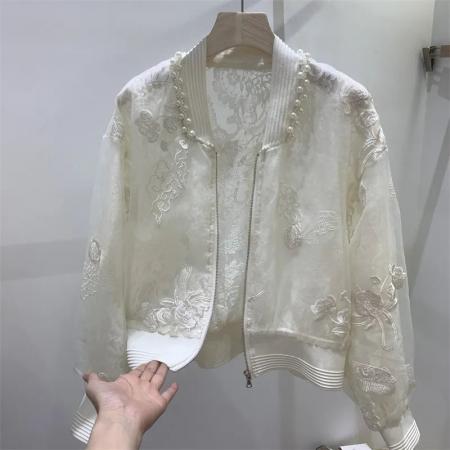 BY13756# 夏装新中式国风高档次钉珠刺绣防晒衣外套圆领设计感棒球服上衣  服裝批發女裝批發服飾貨源