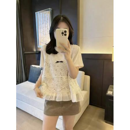 BY13757# 镂空蝴蝶结针织马甲背心女夏季新款内搭圆领短袖上衣  服裝批發女裝批發服飾貨源