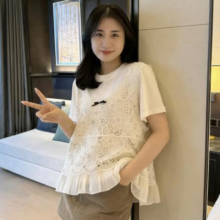 BY13757# 镂空蝴蝶结针织马甲背心女夏季新款内搭圆领短袖上衣  服裝批發女裝批發服飾貨源