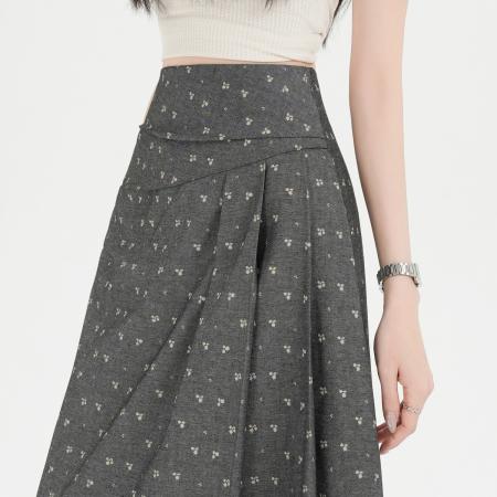 BY13761# 大码胖MM碎花半身裙春夏复古褶长裙高腰显瘦大摆A字裙  服裝批發女裝批發服飾貨源