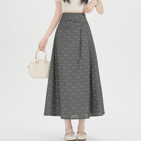 BY13761# 大码胖MM碎花半身裙春夏复古褶长裙高腰显瘦大摆A字裙  服裝批發女裝批發服飾貨源