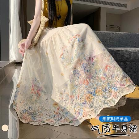 BY13762# 大码胖MM蕾丝刺绣镂空半身裙夏宽松遮跨A字伞裙蛋糕大摆裙  服裝批發女裝批發服飾貨源