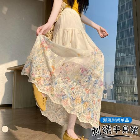 BY13762# 大码胖MM蕾丝刺绣镂空半身裙夏宽松遮跨A字伞裙蛋糕大摆裙  服裝批發女裝批發服飾貨源