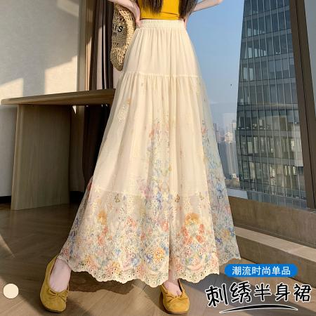 BY13762# 大码胖MM蕾丝刺绣镂空半身裙夏宽松遮跨A字伞裙蛋糕大摆裙  服裝批發女裝批發服飾貨源