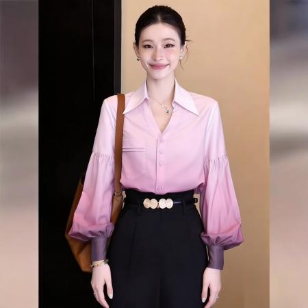 BY13765# 韩式通勤设计感气质渐变色长袖衬衫春宽松百搭上衣  服裝批發女裝批發服飾貨源