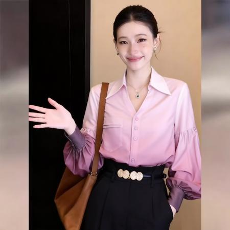 BY13765# 韩式通勤设计感气质渐变色长袖衬衫春宽松百搭上衣  服裝批發女裝批發服飾貨源