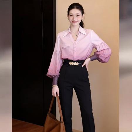 BY13765# 韩式通勤设计感气质渐变色长袖衬衫春宽松百搭上衣  服裝批發女裝批發服飾貨源