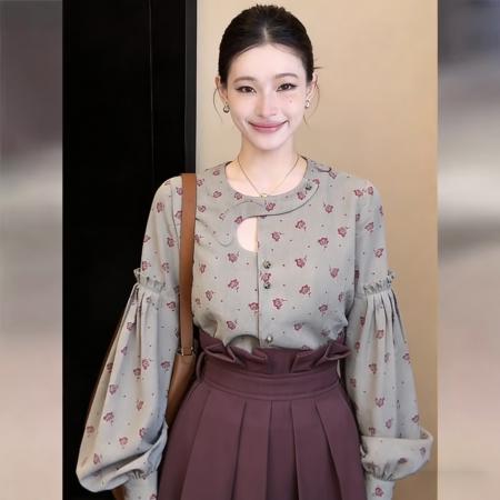 BY13766# 法式复古设计感镂空袖边打条印花衬衫春宽松百搭上衣  服裝批發女裝批發服飾貨源