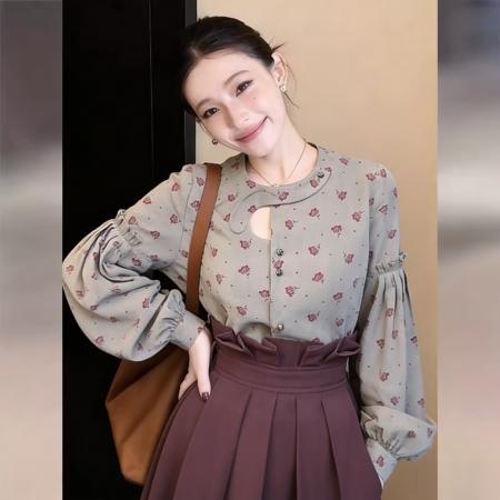 BY13766# 法式复古设计感镂空袖边打条印花衬衫春宽松百搭上衣  服裝批發女裝批發服飾貨源