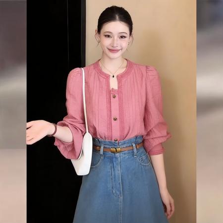 BY13767# 法式气质简约设计感长袖衬衫春宽松显瘦韩式通勤上衣  服裝批發女裝批發服飾貨源
