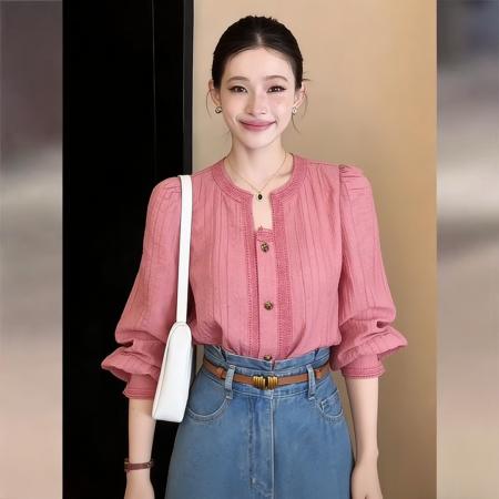 BY13767# 法式气质简约设计感长袖衬衫春宽松显瘦韩式通勤上衣  服裝批發女裝批發服飾貨源