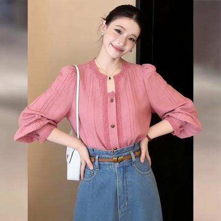 BY13767# 法式气质简约设计感长袖衬衫春宽松显瘦韩式通勤上衣  服裝批發女裝批發服飾貨源
