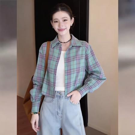 BY13769# 韩式新款格纹长袖短款长袖衬衫女春通勤百搭上衣  服裝批發女裝批發服飾貨源