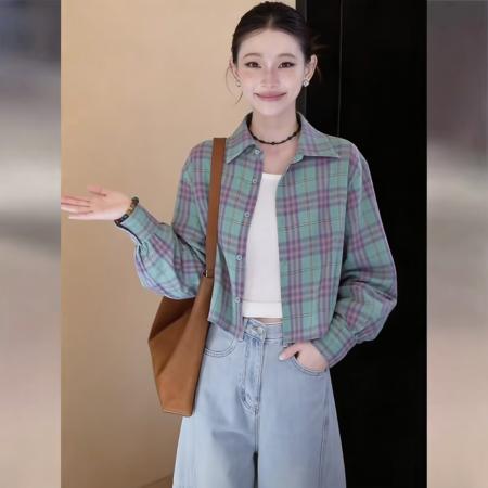 BY13769# 韩式新款格纹长袖短款长袖衬衫女春通勤百搭上衣  服裝批發女裝批發服飾貨源