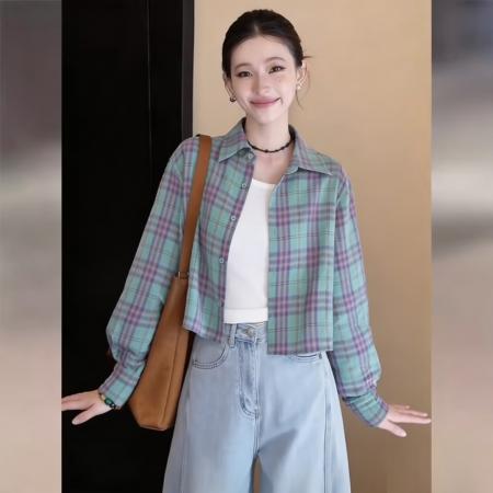 BY13769# 韩式新款格纹长袖短款长袖衬衫女春通勤百搭上衣  服裝批發女裝批發服飾貨源