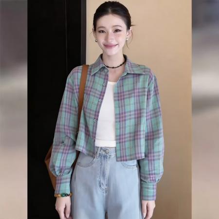BY13769# 韩式新款格纹长袖短款长袖衬衫女春通勤百搭上衣  服裝批發女裝批發服飾貨源
