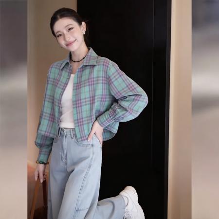 BY13769# 韩式新款格纹长袖短款长袖衬衫女春通勤百搭上衣  服裝批發女裝批發服飾貨源