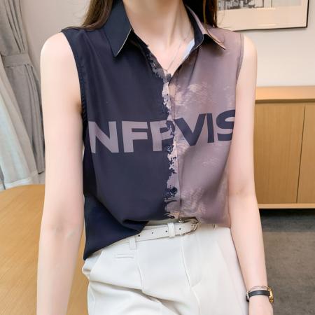 BY13773# 洋气夏季撞色坎肩背心女外穿衬衫无袖雪纺打底衫内搭上衣  服裝批發女裝批發服飾貨源