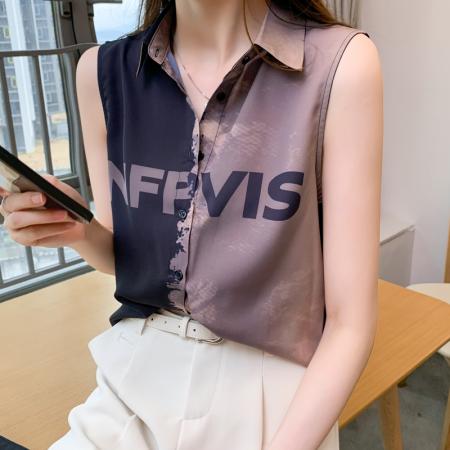 BY13773# 洋气夏季撞色坎肩背心女外穿衬衫无袖雪纺打底衫内搭上衣  服裝批發女裝批發服飾貨源