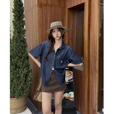 BY13774# 法式复古翻领刺绣蓝色牛仔短袖衬衫女夏季新款薄上衣休闲通勤衬衣  服裝批發女裝批發服飾貨源