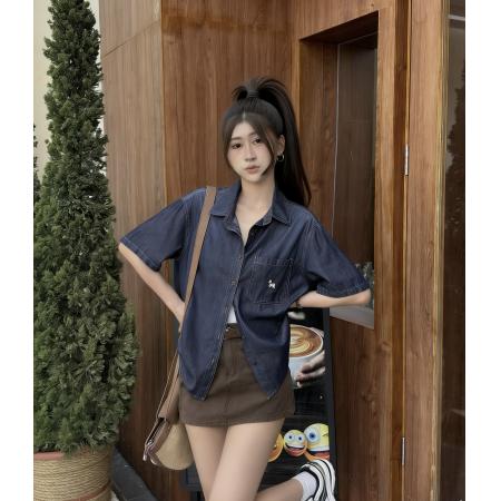 BY13774# 法式复古翻领刺绣蓝色牛仔短袖衬衫女夏季新款薄上衣休闲通勤衬衣  服裝批發女裝批發服飾貨源