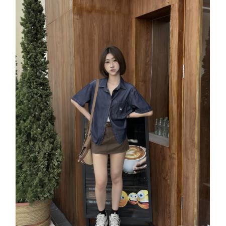 BY13774# 法式复古翻领刺绣蓝色牛仔短袖衬衫女夏季新款薄上衣休闲通勤衬衣  服裝批發女裝批發服飾貨源