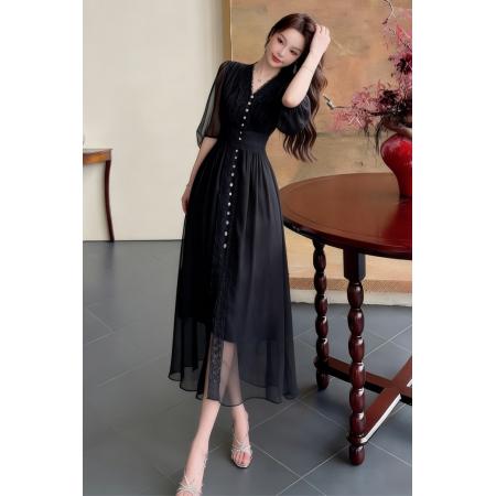 BY13776# 春夏新款超仙雪纺拼接蕾丝开衩法式修身显瘦高腰连衣裙长裙女  服裝批發女裝批發服飾貨源