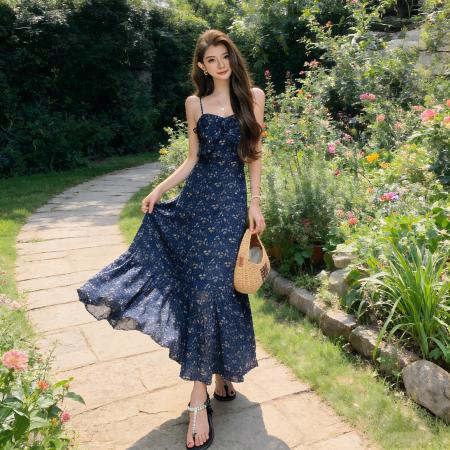 BY13778# 夏季法式复古藏蓝色碎花吊带连衣裙女夏收腰显瘦海边度假长裙  服裝批發女裝批發服飾貨源