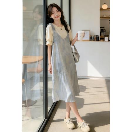 BY13779# 渐变色背带裙女新款夏季学生遮肉显瘦洋气减龄连衣裙两件套装  服裝批發女裝批發服飾貨源