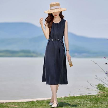BY13781# 法式气质无袖亚麻连衣裙女夏季新款系带收腰显瘦巨好看背心裙  服裝批發女裝批發服飾貨源