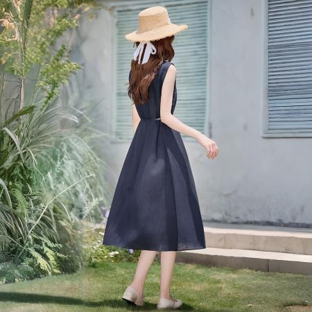 BY13781# 法式气质无袖亚麻连衣裙女夏季新款系带收腰显瘦巨好看背心裙  服裝批發女裝批發服飾貨源