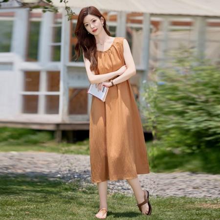 BY13781# 法式气质无袖亚麻连衣裙女夏季新款系带收腰显瘦巨好看背心裙  服裝批發女裝批發服飾貨源