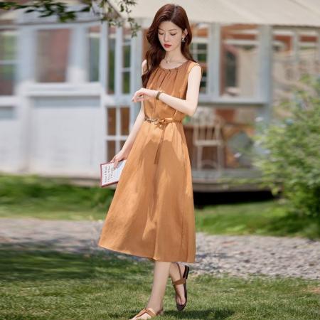 BY13781# 法式气质无袖亚麻连衣裙女夏季新款系带收腰显瘦巨好看背心裙  服裝批發女裝批發服飾貨源