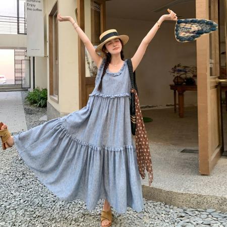 BY13782# 蓝色木耳边无袖连衣裙女夏季新款韩系复古宽松遮肉大摆背心裙  服裝批發女裝批發服飾貨源