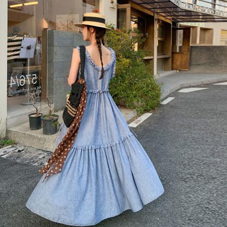 BY13782# 蓝色木耳边无袖连衣裙女夏季新款韩系复古宽松遮肉大摆背心裙  服裝批發女裝批發服飾貨源