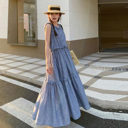 BY13782# 蓝色木耳边无袖连衣裙女夏季新款韩系复古宽松遮肉大摆背心裙  服裝批發女裝批發服飾貨源