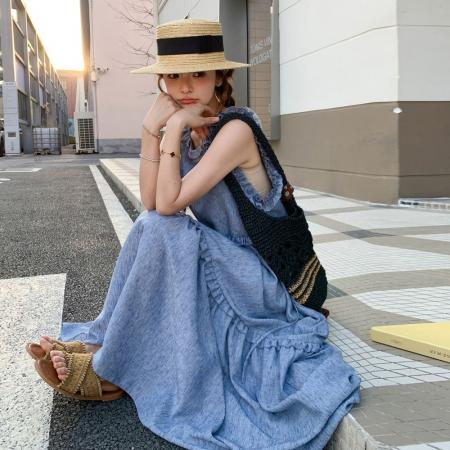 BY13782# 蓝色木耳边无袖连衣裙女夏季新款韩系复古宽松遮肉大摆背心裙  服裝批發女裝批發服飾貨源