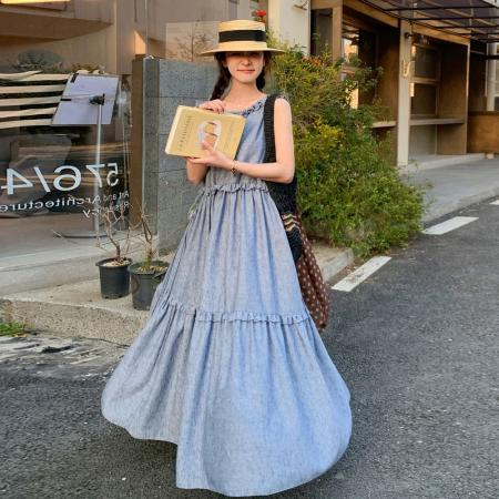 BY13782# 蓝色木耳边无袖连衣裙女夏季新款韩系复古宽松遮肉大摆背心裙  服裝批發女裝批發服飾貨源