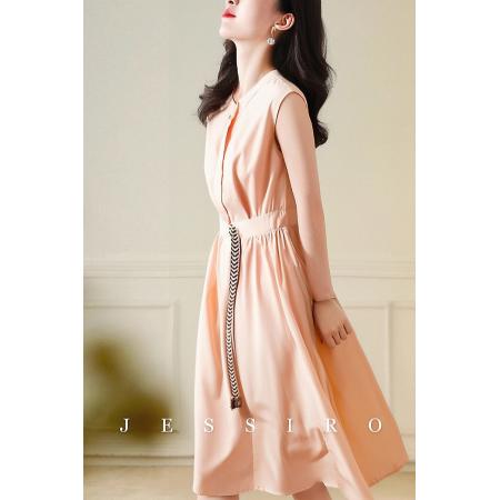 BY13783# 时尚连衣裙女新款夏季圆领无袖时尚洋气减龄收腰高级感长裙  服裝批發女裝批發服飾貨源