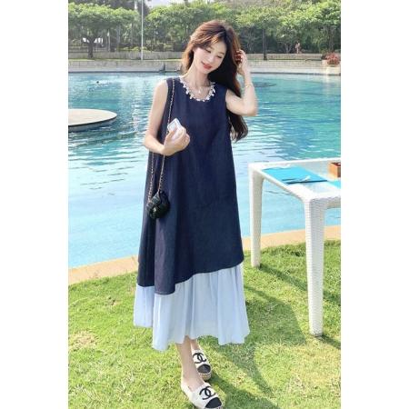 BY13786# 小香风撞色拼接背心无袖连衣裙女夏新款藏青色超好看独特长裙  服裝批發女裝批發服飾貨源