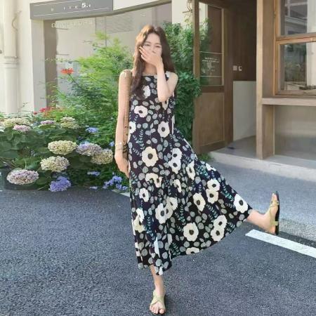 BY13788# 新款碎花连衣裙女夏高级感减龄海边度假宽松显瘦沙滩背心裙  服裝批發女裝批發服飾貨源