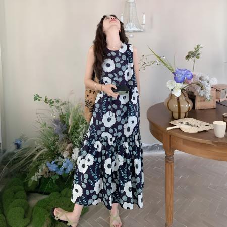 BY13788# 新款碎花连衣裙女夏高级感减龄海边度假宽松显瘦沙滩背心裙  服裝批發女裝批發服飾貨源