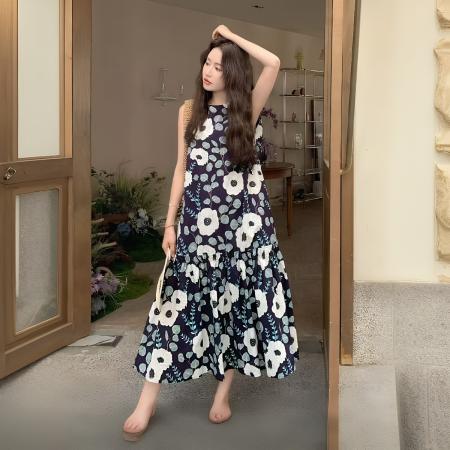 BY13788# 新款碎花连衣裙女夏高级感减龄海边度假宽松显瘦沙滩背心裙  服裝批發女裝批發服飾貨源