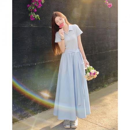 BY13789# 法式蓝色polo领连衣裙子女夏季新款小个子巨好看气质收腰长裙  服裝批發女裝批發服飾貨源