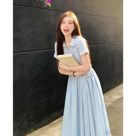 BY13789# 法式蓝色polo领连衣裙子女夏季新款小个子巨好看气质收腰长裙  服裝批發女裝批發服飾貨源