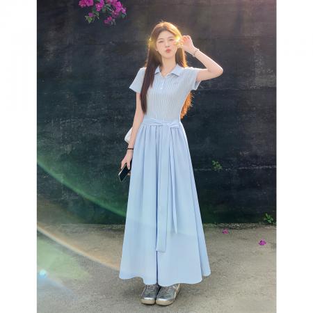 BY13789# 法式蓝色polo领连衣裙子女夏季新款小个子巨好看气质收腰长裙  服裝批發女裝批發服飾貨源