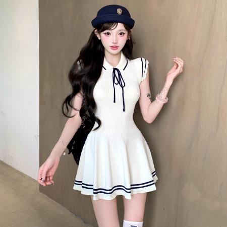 BY13790# 韩系学院风小飞袖针织连衣裙子女新款夏温柔甜美气质收腰短裙  服裝批發女裝批發服飾貨源